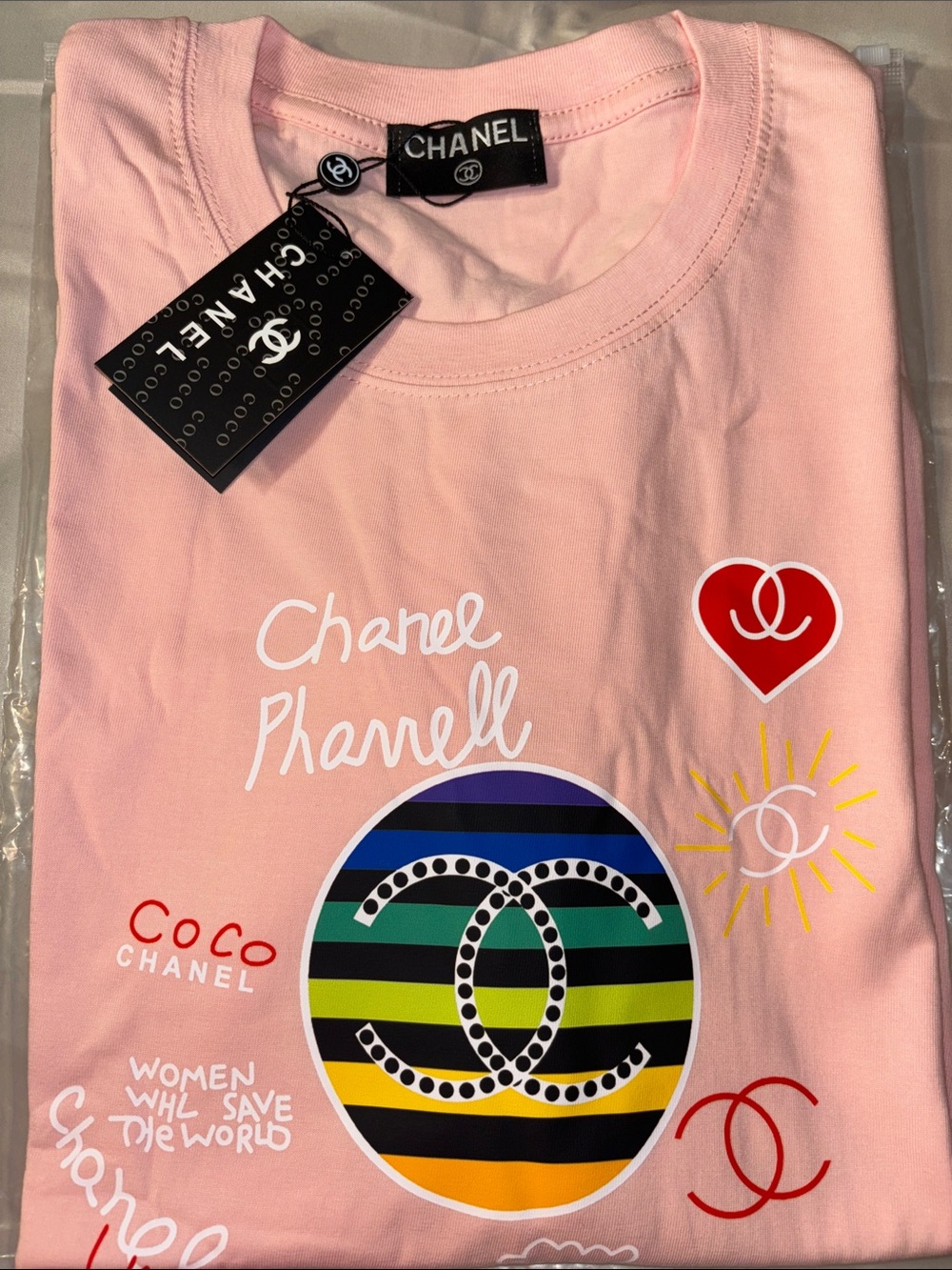 Woman’s plus Size FASHION Cotton Pink Graphic Log Tee with Multicolor Crest
